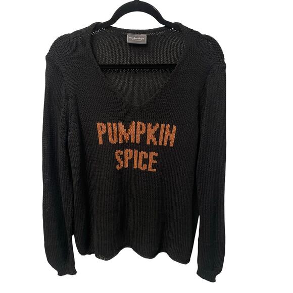 Wooden Ships Sweaters - Wooden Ships V Neck Pumpkin Spice Print Black Knit Sweater Womens Small / Medium